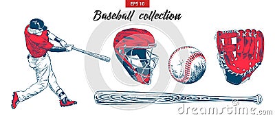 Hand drawn sketch set of baseball player, helmet, glove, ball and bat isolated on white background. Vector Illustration