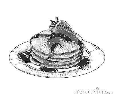 Hand drawn sketch of pancakes on the plate in monochrome isolated on white background. Detailed vintage woodcut style drawing. Vector Illustration