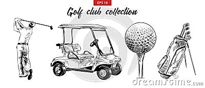 Hand drawn sketch set of golf bag, cart, ball and golfer in black isolated on white background. Detailed vintage etching drawing. Vector Illustration