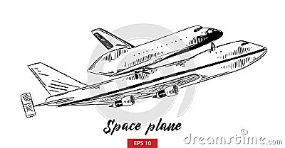 Hand drawn sketch of space plane in black isolated on white background. Detailed vintage etching style drawing. Vector Illustration