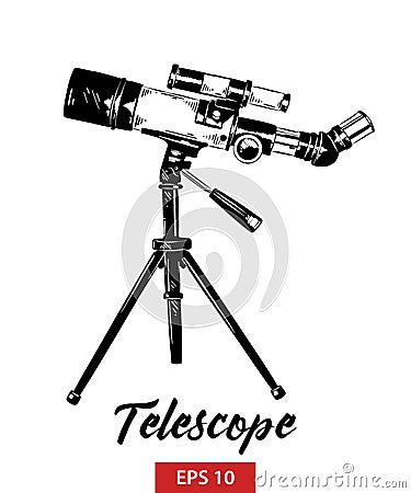 Hand drawn sketch of telescope in black isolated on white background. Detailed vintage etching style drawing. Vector Illustration