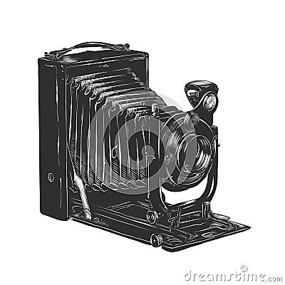 Hand drawn sketch of vintage camera in monochrome isolated on white background. Detailed woodcut style drawing. Vector Illustration