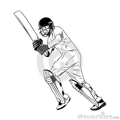 Hand drawn sketch of cricket player in black isolated on white background. Detailed vintage etching style drawing. Vector Illustration