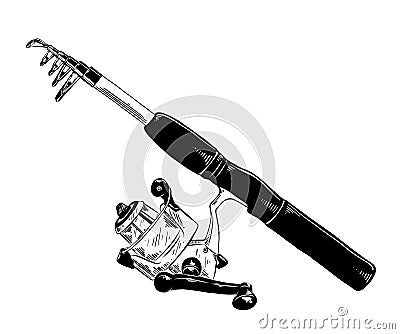 Hand drawn sketch of fishing rod in black isolated on white background. Detailed vintage etching style drawing. Vector Illustration
