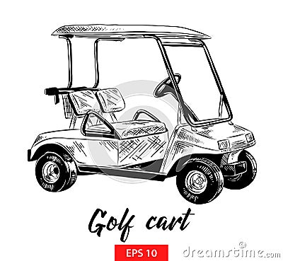 Hand drawn sketch of golf cart in black isolated on white background. Detailed vintage etching style drawing. Vector Illustration