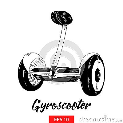 Hand drawn sketch of gyroscooter in black isolated on white background. Detailed vintage etching style drawing. Vector Illustration