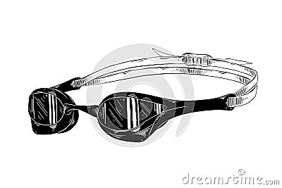 Hand drawn sketch of swimming goggles in black isolated on white background. Detailed vintage etching style drawing. Vector Illustration