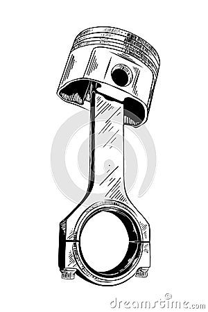 Hand drawn sketch of car piston in black isolated on white background. Detailed vintage etching style drawing. Vector Illustration