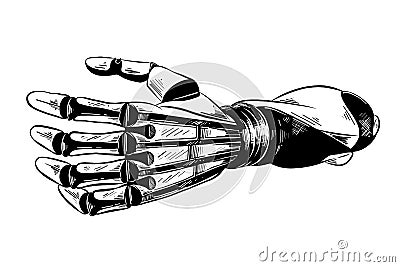 Hand drawn sketch of robotic arm in black isolated on white background. Detailed vintage etching style drawing. Vector Illustration