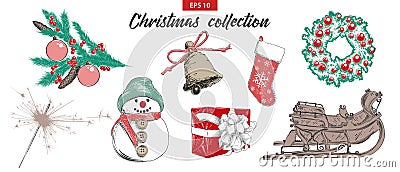 Hand drawn sketch set Christmas and New Year holiday objects isolated on white background. Detailed vintage etching drawing Vector Illustration