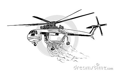 Hand drawn sketch of professional fire helicopter isolated on white background. Detailed vintage etching style drawing Vector Illustration