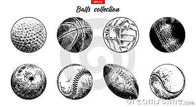Hand drawn sketch set of sport balls isolated on white background. Detailed vintage etching collection. Vector Illustration