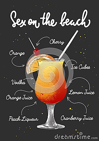 Vector engraved style Sex On The Beach cocktail illustration for posters, decoration, logo and print. Hand drawn sketch with Vector Illustration