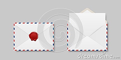 Vector Envelopes with Red Wax Seal and Blank Letter. Folded, Unfolded Isolated Envelope Set. Design Template. Message Vector Illustration