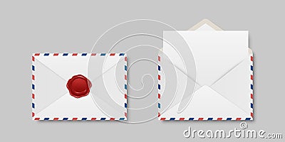 Vector Envelopes with Red Wax Seal and Blank Letter. Folded, Unfolded Isolated Envelope Set in Top View. Design Templat Vector Illustration