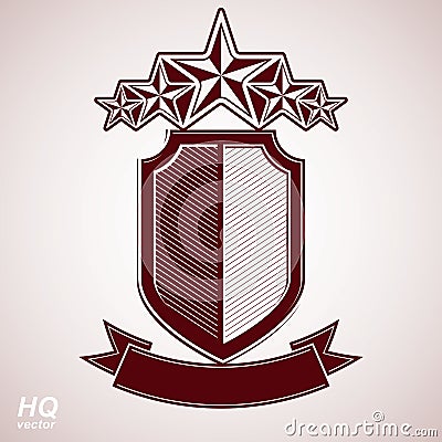 Vector eps8 aristocratic symbol. Festive graphic shield with five stars and curvy ribbon - decorative luxury security template. Vector Illustration