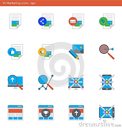 Vector eps icons set - marketing and advertising in material design style Vector Illustration