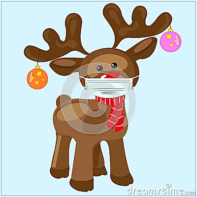 Vector EPS 10. Rudolf the reindeer with the red nose and face mask Vector Illustration