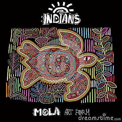 Vector Ethnic Design Element. Indians. MOLA Art Form. Mola Style Turtle. Ethno Bright Decorative Illustration Vector Illustration