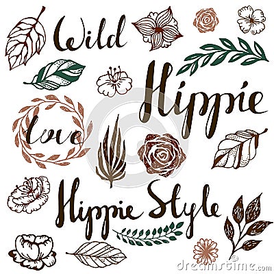 Vector ethnic ink set with boho hippie style element. Templates for invitations, scrapbooking. hand drawn design Vector Illustration