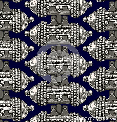 Vector Ethnic Seamless Pattern. Black Background. Vintage Silver Jewelry. Vector Illustration