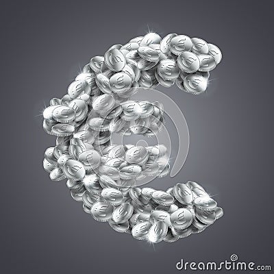 Vector euro sign made of vast amount of silver coins. Vector Illustration