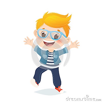 Vector european boy with eyeglasses jumping and laughing. Cartoon character design, isolated on white background Stock Photo