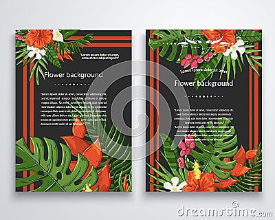 Vector exotic flower background on a dark.Jungle leaves Vector Illustration