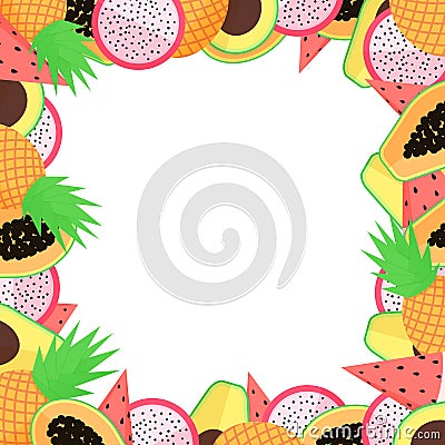 Vector exotic fruit frame with papaya, avocado, pineapple, dragon fruit and watermellon Vector Illustration