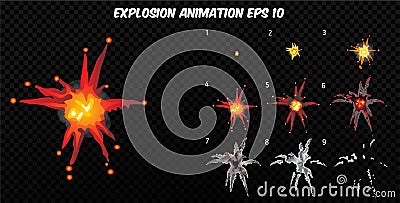 Vector explode. Explode effect animation with smoke. Cartoon explosion frames. Sprite sheet of explosion Vector Illustration