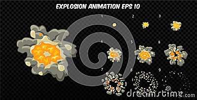 Vector explode. Explode effect animation with smoke. Cartoon explosion frames. Sprite sheet of explosion Vector Illustration