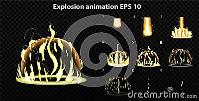 Vector explode. Explode effect animation with smoke. Cartoon explosion frames. Sprite sheet of explosion Vector Illustration