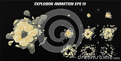 Vector explode. Explode effect animation with smoke. Cartoon explosion frames. Sprite sheet of explosion Vector Illustration