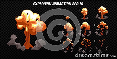 Vector explode. Explode effect animation with smoke. Cartoon explosion frames. Sprite sheet of explosion Vector Illustration