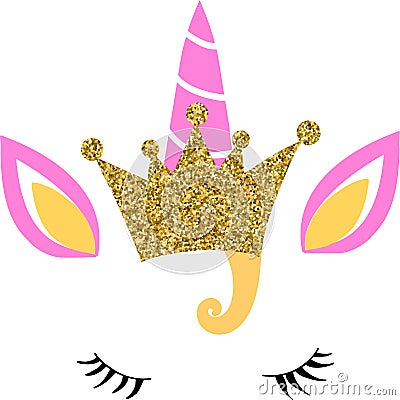 Vectorn Unicorn face with gold glitter crown Vector Illustration