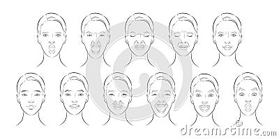 Vector faces expressions with different mood. Positive, negative feelings, happy, smiling, laughing, astonished Vector Illustration
