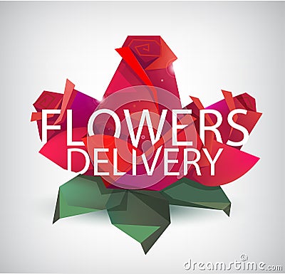 Vector faceted roses, red flowers with flowers delivery text. Use as logo, illustration Vector Illustration