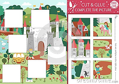 Vector fairytale cut and glue activity. Magic kingdom crafting game with cute castle scene with princess. Fun printable worksheet Vector Illustration