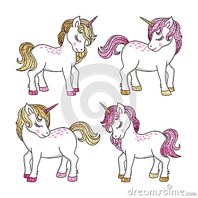 Vector fairytale set with gold and pink glitter unicorns. Magic cartoon collection on white background Vector Illustration