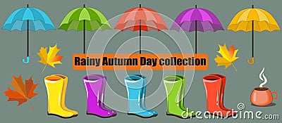 Vector fall collection,set. Rainy Autumn Day collection,clip art. Umbrella, maple, rain boots. Vector Illustration