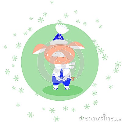 Vector falling snowflakes and cute pig in blue and white mittens, scarf, hat on green round background. Symbol of Vector Illustration