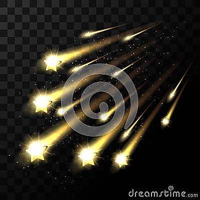 Vector falling stars on transparent background. Space star light shooting in dark Vector Illustration