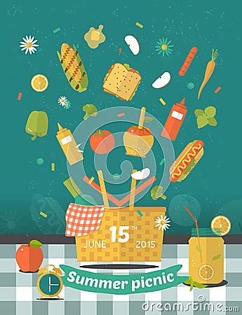 Family picnic glade illustration. Food and pastime icons. Flat. Vector Illustration