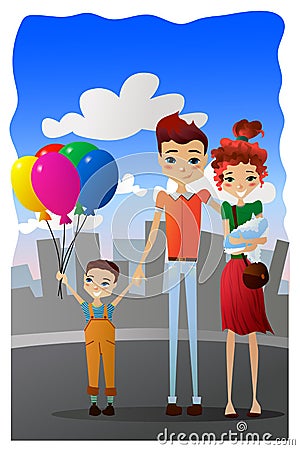 Vector Family Vacation Cartoon Illustration with Colorful Family Cartoon Characters Vector Illustration