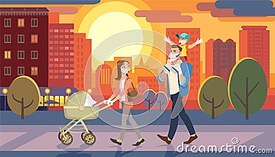 Vector Family Walking with Baby Car at City Sunset Vector Illustration