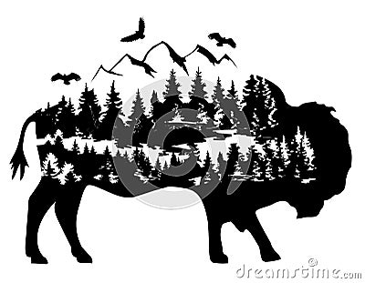 Vector Fantasy Buffalo Silhouette with Mountains. Vector Illustration