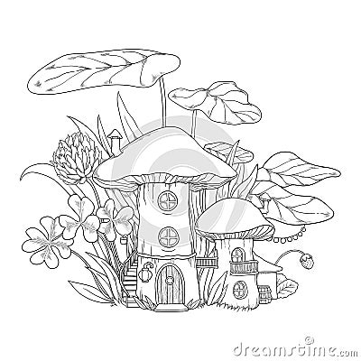 Vector fantasy illustration with mushroom houses in grass. Coloring page with little fairy-tale forest town Vector Illustration