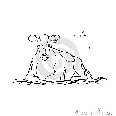 Vector farm animal. Cow young red spotted with tag on ear lying on hay and chews grass, flying around it flies. Sketch Vector Illustration