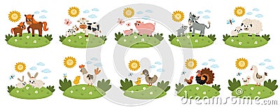 Vector farm animal scenes set. Collection with cow, horse, goat, sheep, duck, hen, pig and their babies. Cute country mother and Vector Illustration