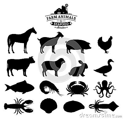 Vector Farm Animals and Seafood Silhouettes Collection Vector Illustration